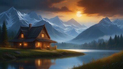 Fototapeta premium landscape with lake and mountains