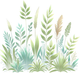 Bush ornamental grass clipart, various grass bushes isolated on transparent background, digital art pastel