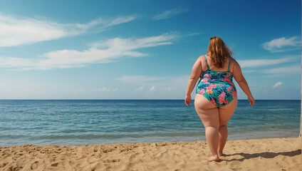 Fototapeta na wymiar Fat woman in a swimsuit on the beach