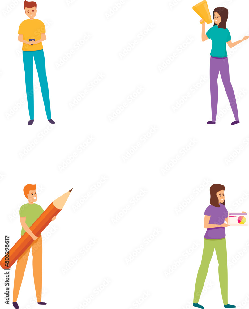 Poster team communication icons set cartoon vector. workflow and job organization. cooperation, interaction