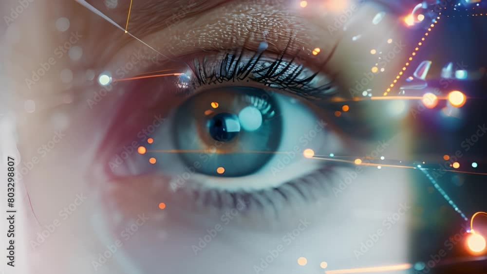 Poster close-up view of a blue eye with digital graphics superimposed.