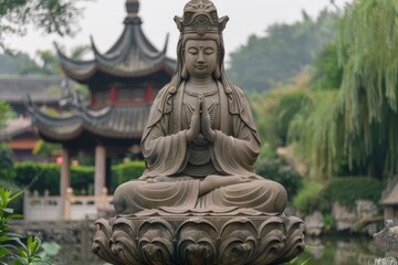 Fototapeta na wymiar Stone statue of Guanyin, the goddess of compassion, mercy, and kindness