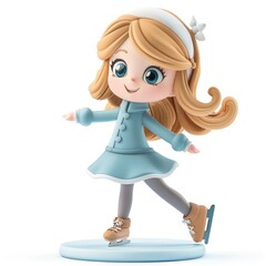 Cute cartoon girl ice skating in winter clothes