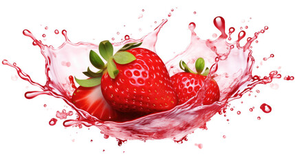 Red ripe strawberries with green leaves in a splash of pink liquid in isolated on transparent background