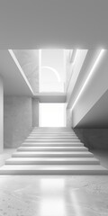 White minimalist architectural space with stairs and bright light