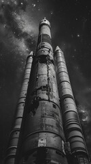 A grayscale image of a rocket under a starry night sky