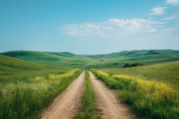 A dirt road through a lush green valley