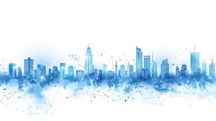 Abstract background with a city skyline, using blue color and a white background, a technology vector illustration for a business concept design, in the style of a digital identity with lines, data po