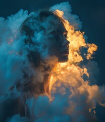 Portrait of a woman with blonde hair and blue eyes surrounded by smoke