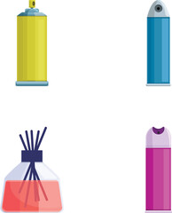 Aromatherapy icons set cartoon vector. Room deodorant, aromatic diffuser stick. Natural fragrance equipment