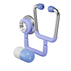 Medical equipment Stethoscope and pills. 3d illustration