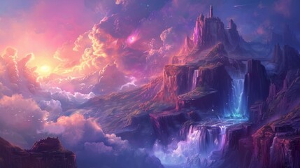 Vivid alien landscape with glowing neon colors and a mysterious moon