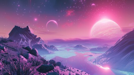 Vivid alien landscape with glowing neon colors and a mysterious moon
