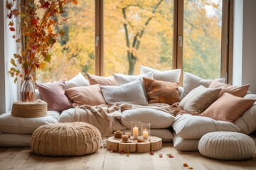 Cozy living room with large windows overlooking a beautiful fall landscape