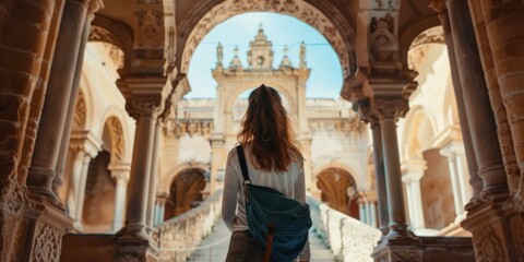 Young woman in a white shirt and blue jeans admiring the architecture of the Plaza de Espana in Seville, Spain