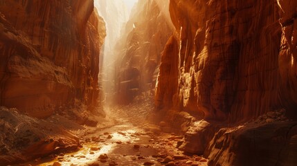 Golden sunlight illuminates serene river canyon landscape in breathtaking natural setting