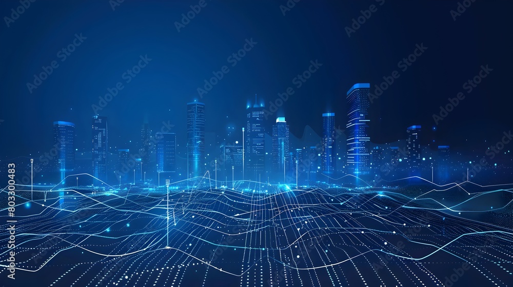 Poster blue gradient vector background with a city skyline and digital lines in the style of technology ill