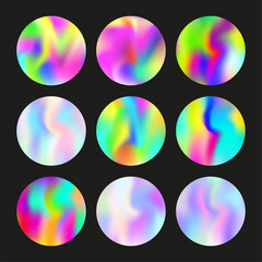 Hologram abstract backgrounds set. Holographic gradient. Plastic hologram backdrop. Minimalistic 90s, 80s retro style graphic template for flyer, poster, banner, mobile app.