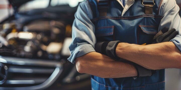 mechanic in gloves standing with crossed arms in front of car