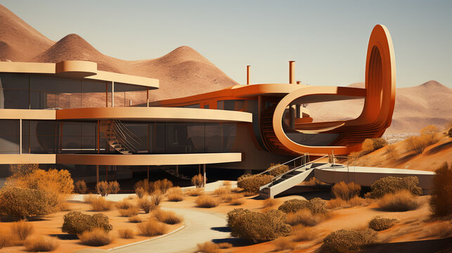 Retro futuristic architecture in sci-fi scene on the desert planet. Alien landscape with nostalgic retro future constructions.