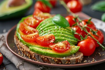A plate of whole grain toast topped with avocado slices and cherry tomatoes.
