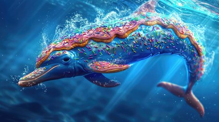 
dolphin-like body, but its colorful scales resemble the sugary glaze and sprinkles. it gracefully swims in the ocean AI generated - obrazy, fototapety, plakaty