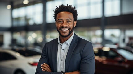 Portrait of a successful African American businessman smiling in a car dealership