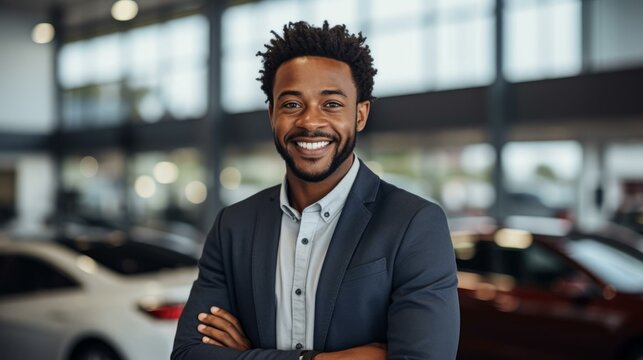 Portrait of a successful African American businessman smiling in a car dealership