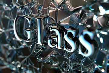 The word 'Glass' with reflective and refractive qualities amidst a pile of glass shards