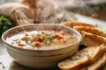 A steaming bowl of hearty soup surrounded by slices of crusty bread on a white table