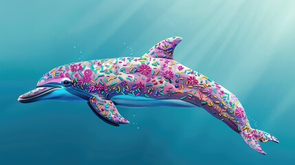 
dolphin-like body, but its colorful scales resemble the sugary glaze and sprinkles. it gracefully swims in the ocean AI generated