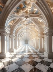 ornate hallway with checkered floor and cloudy sky