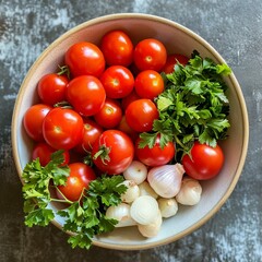 A bowl of tomatoes, shallots and parsley