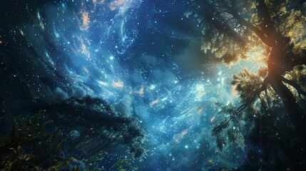 Enchanting night sky and forest scene, combining nature and cosmos into a breathtaking fantasy landscape