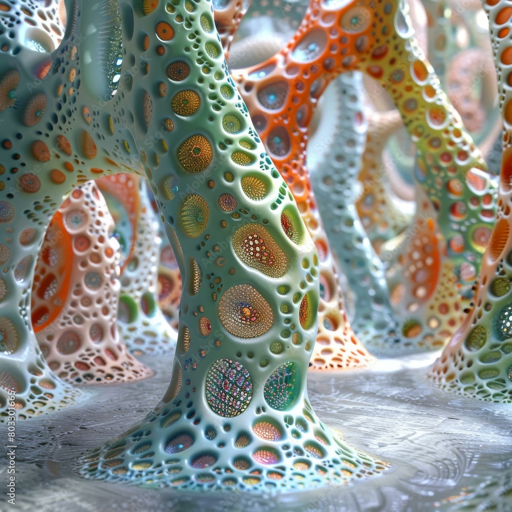 Poster colorful 3d rendered tree trunks with a cellular structure