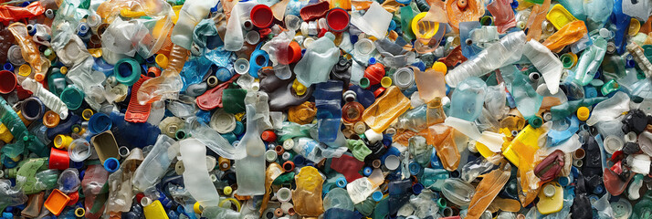 Fototapeta premium A vibrant and chaotic mix of multicolored plastic items highlighting pollution
