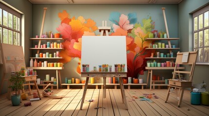 Colorful art studio with supplies