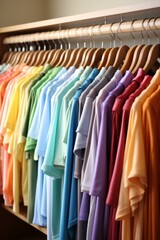 A rainbow of T-shirts on hangers in a store