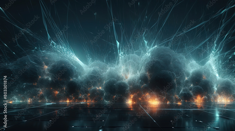 Poster Abstract technology burst with glowing wires and particles in motion. Technology and science dynamic background.