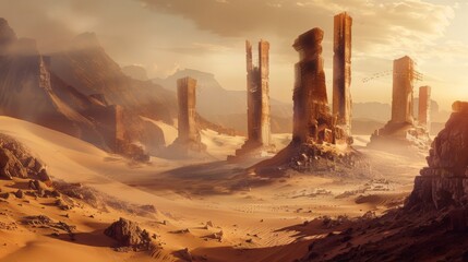 A solitary figure explores a futuristic deserted city in a vast desert landscape