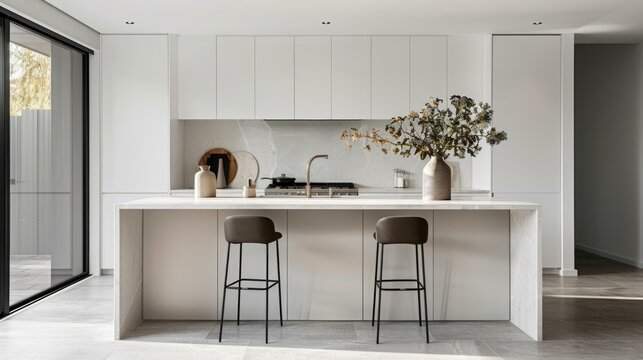 Open-plan kitchen with marble island and integrated appliances