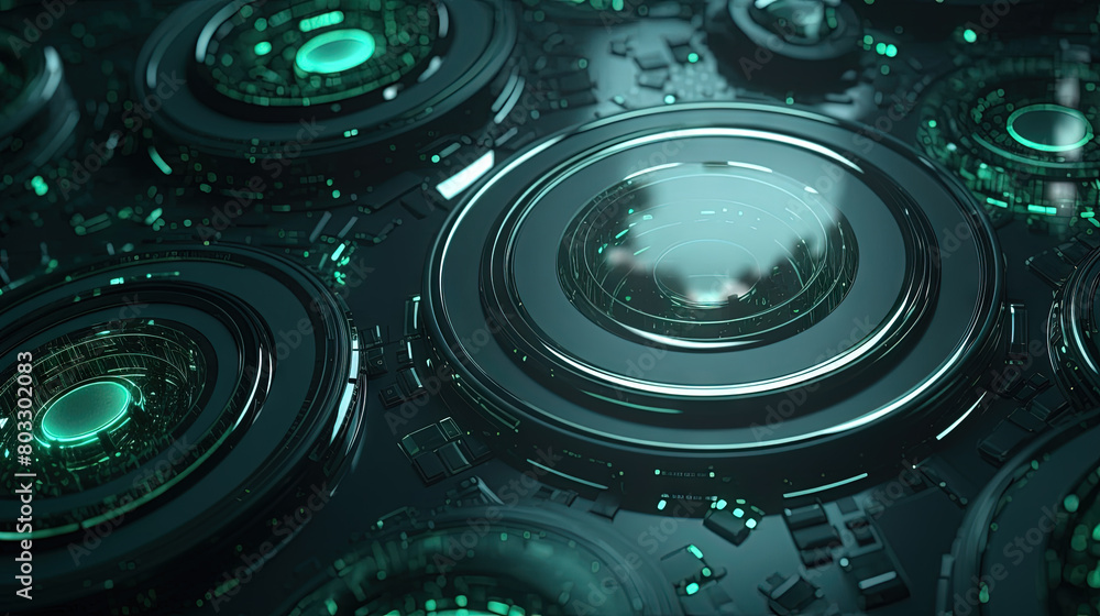 Poster Technology abstract background with hud styled round interface elements in neon tech light.