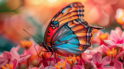 Macro photograph of a vibrant butterfly resting on a blooming flower