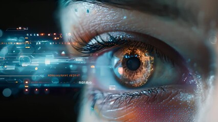 Detailed view of an eye with a high-tech display in the backdrop, merging human anatomy with advanced technology.