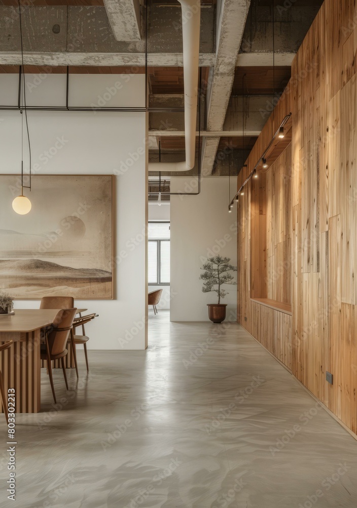 Wall mural an industrial-style office with wood elements and a minimalist aesthetic