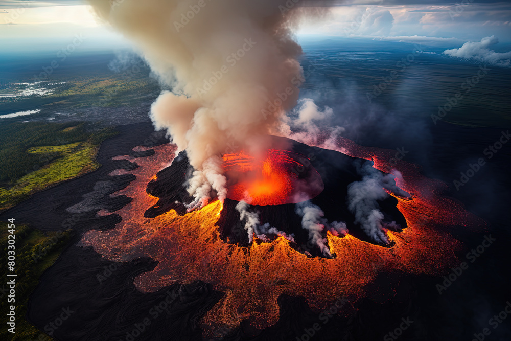 Wall mural volcano eruption from a bird view. volcano crater and magma flow shot from above. genertated ai.