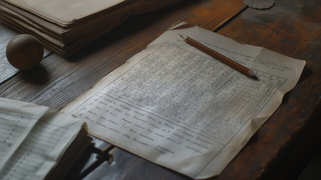 A close-up of a vintage ledger book with handwritten entries and a pencil lying on top, suggesting study, accounting or record-keeping