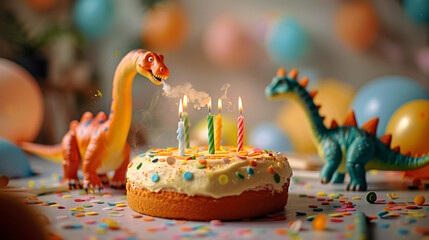 Brachiosaurus leaning down to blow out candles on a birthday cake decorated with dinosaur toys.