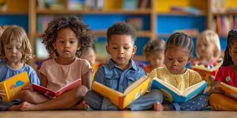 A group of preschool children sitting on the floor of a library reading books.