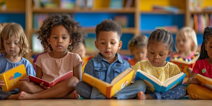 A group of preschool children sitting on the floor of a library reading books.